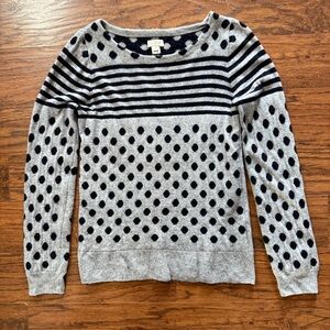 J. Crew Gray Sweater with Navy Polka Dots and Stripes Size Medium